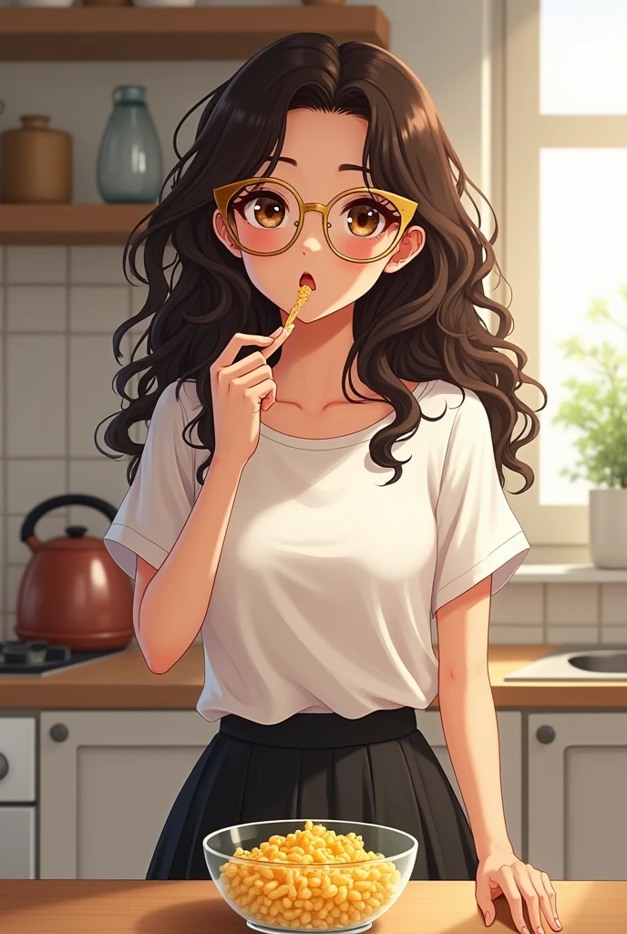  A brown-eyed girl, with dark brown hair, very long and curly, con cat eye glasses color dorado, wearing a white short sleeve top and a black skirt that is a little below the knees while standing in the kitchen and eating macaroni and cheese from a clear bowl 