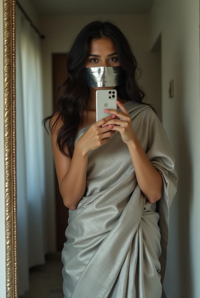 Aesthetic girl bllindfolded and duct taped gagged over mouth  in silver shimmering saree taking a selfie in mirror