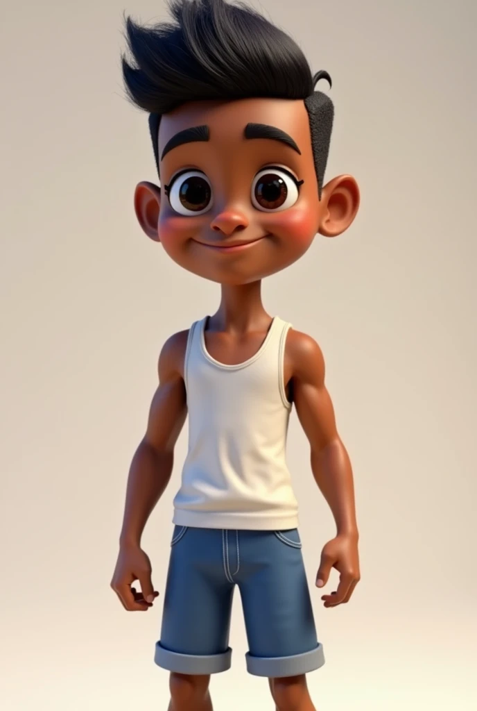 Create an avatar of myself, I'm a dark-haired guy in the Disney Pix 3D style, I'm wearing a tank top and blue shorts, I'll be a black man with a Play Boy-style haircut.