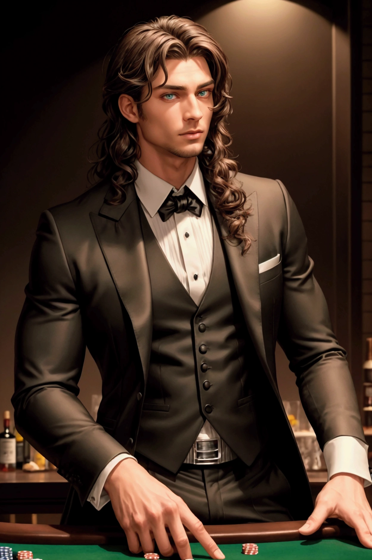 HDR, UHD, 8K, best quality, masterpiece, Highly detailed, sharp focus, detailed, ultra high res, amazing composition, intricate, hyperdetailed, detailed body, (detailed face:1.1), (rendered eyes), (perfect eyes), view from in front, solo focus, full body, man, muscular body, dark skin, brown skin, chocolate brown hair, curly hair, shoulder length hair, green eyes, black suit vest, white button up top, black tie, sitting, poker table, cigar, whiskey glass