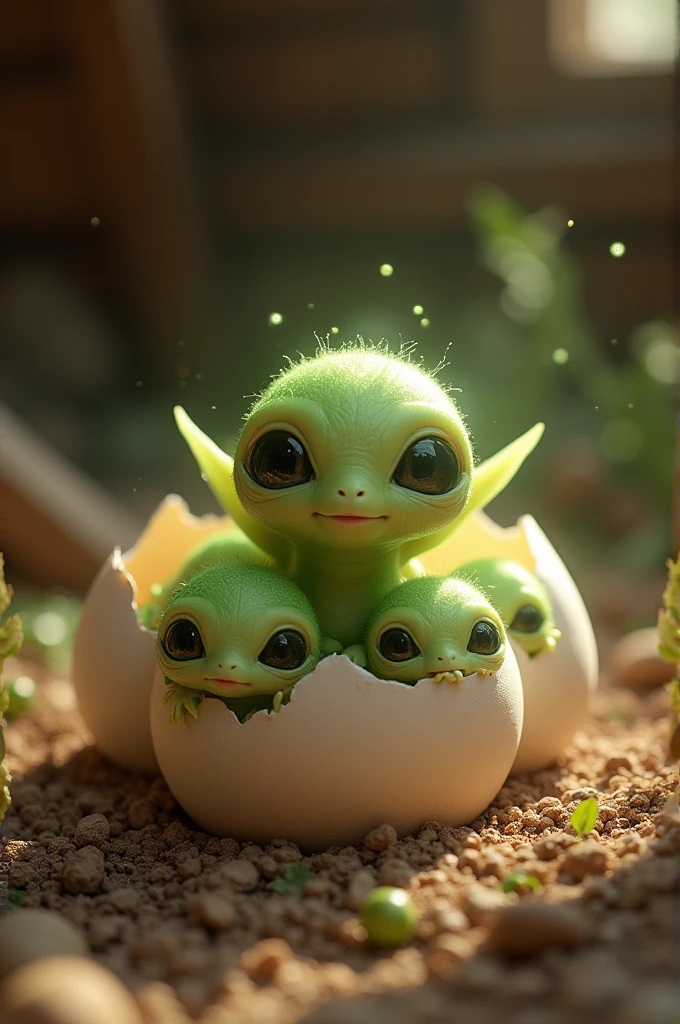 Green alien babies hatching from chicken egg