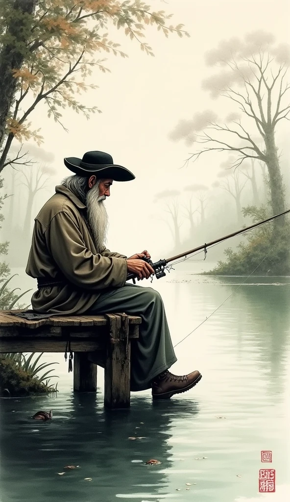 ink painting、River bank、Hermit, sitting on the bridge and fishing、Tricorn hat、long white beard、fishing pole