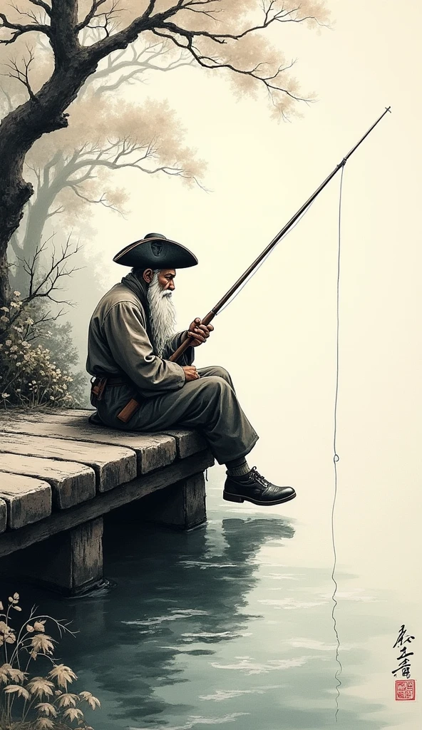 ink painting、River bank、Hermit, sitting on the bridge and fishing、Tricorn hat、long white beard、fishing pole