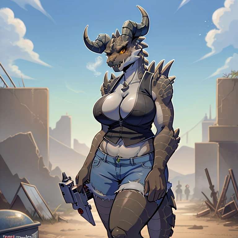 Solo, score_9,score_8_up,score_7_up, source_anime, aegis, kemono style, aegis, Anthro reptile girl, snout, green scaled skin, yellow eyes, black lips, black ram horns, tail, black lips, tall, Anthro deathclaw from fallout, deathclaw girl, (best quality), (4k), bulletproof vest, holding a rusty gun, blue shorts, in a ruined city, looking at viewer, (voluptuous women) 