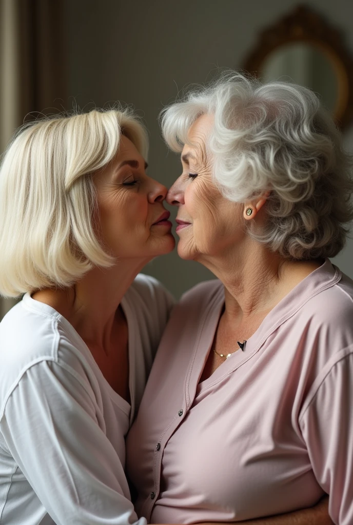  white girl with blonde hair French kissing another grandmother with big breasts 