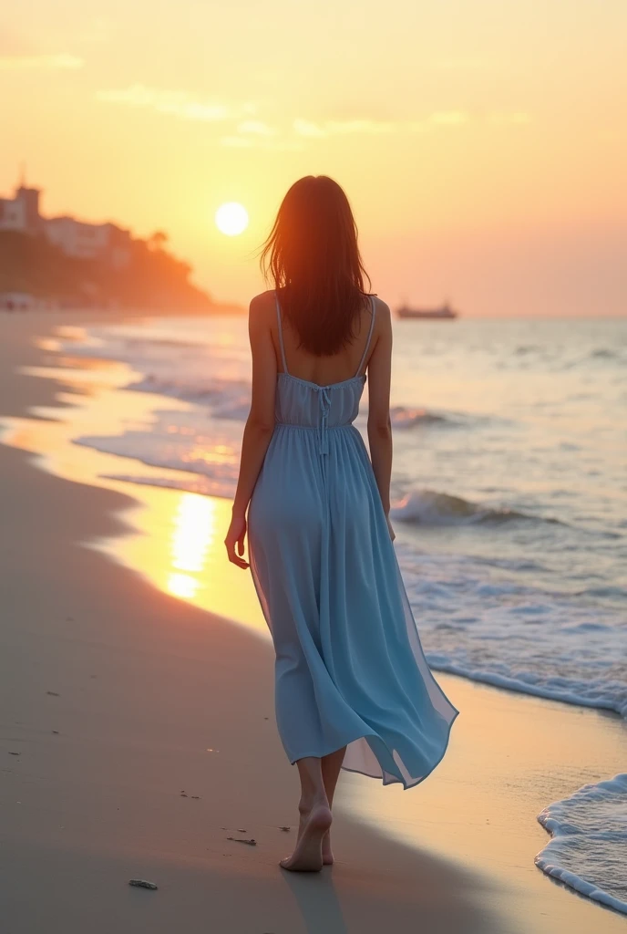 A 30 year old woman, with blue dress, medium build, Brown hair, brown eyes and a height of 1.68 meters, walk on the beach at dawn, with the sun rising. The image is in ultra high definition (4k).
