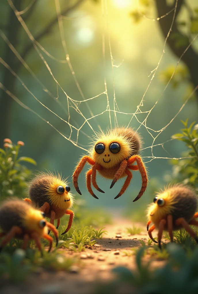 Create the image of the very cute spider that you just showed me, weaving but making mistakes and being scolded by her family..