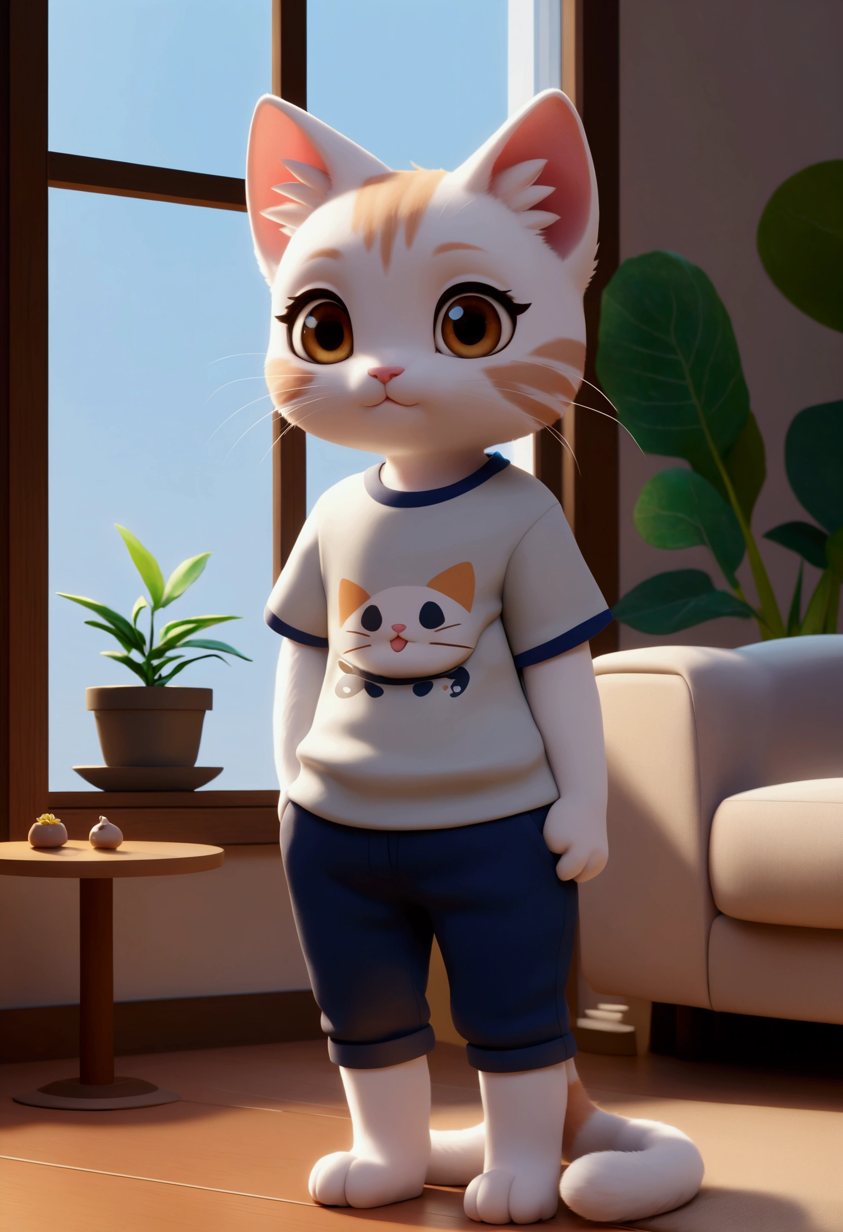 A cute anthropomorphic cat standing in a modern and cozy living room。The cat has a round and soft face.、large, expressive eyes、little pink nose、And redness on your cheeks、gives a lovely impression。Wear a shirt over a T-shirt、Wearing half pants。With soft light in the background、Modern furniture、Houseplant、There is a large window、Creates a warm and cozy atmosphere。Style、It resembles high-quality 3D character art.、Focused on a cute, chibi-style aesthetic。