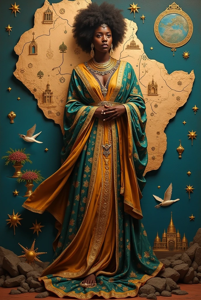 Create an image in baroque style, from a map of the African continent, against the Map of Brazil, Northeast region