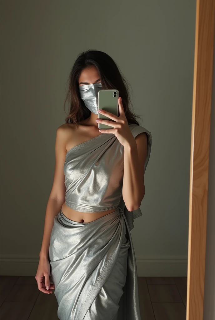 Aesthetic girl bllindfolded, duct taped gagged over mouth in silver shimmering saree taking a selfie in mirror