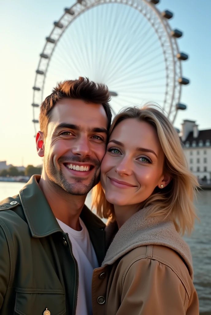 A couple hugging in front of the London Eye, taking a profile selfie man brown hair and eyes, blonde woman with green eyes 8k ultra realistic photorealistic