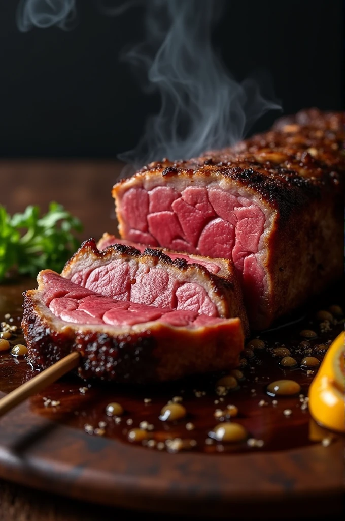 A photo of a piece of picanha on a skewer being cut, very fatty and juicy. 