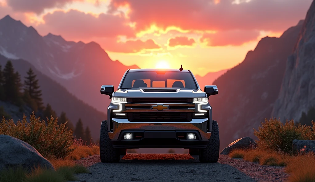 (photorealism:1.2) a beautiful chevrolet silverado with logo in the mountains at sunset