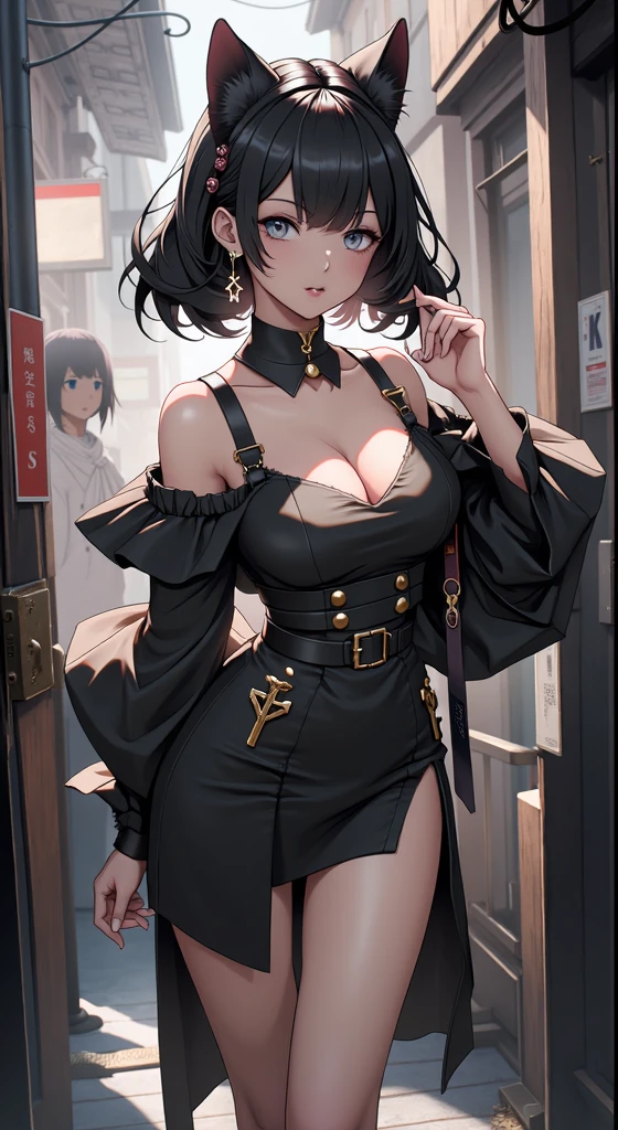 rin tohsaka, masterpiece, 8k, high quality, full body, small medium thighs, slim waist, sexy well-defined body, rin, blue eyes, brown hair, long hair, two sides up, parted bangs, hair ribbon black, red sweater, turtleneck, long sleeves, cross pattern, black skirt, pleated skirt, miniskirt, black tights, full body