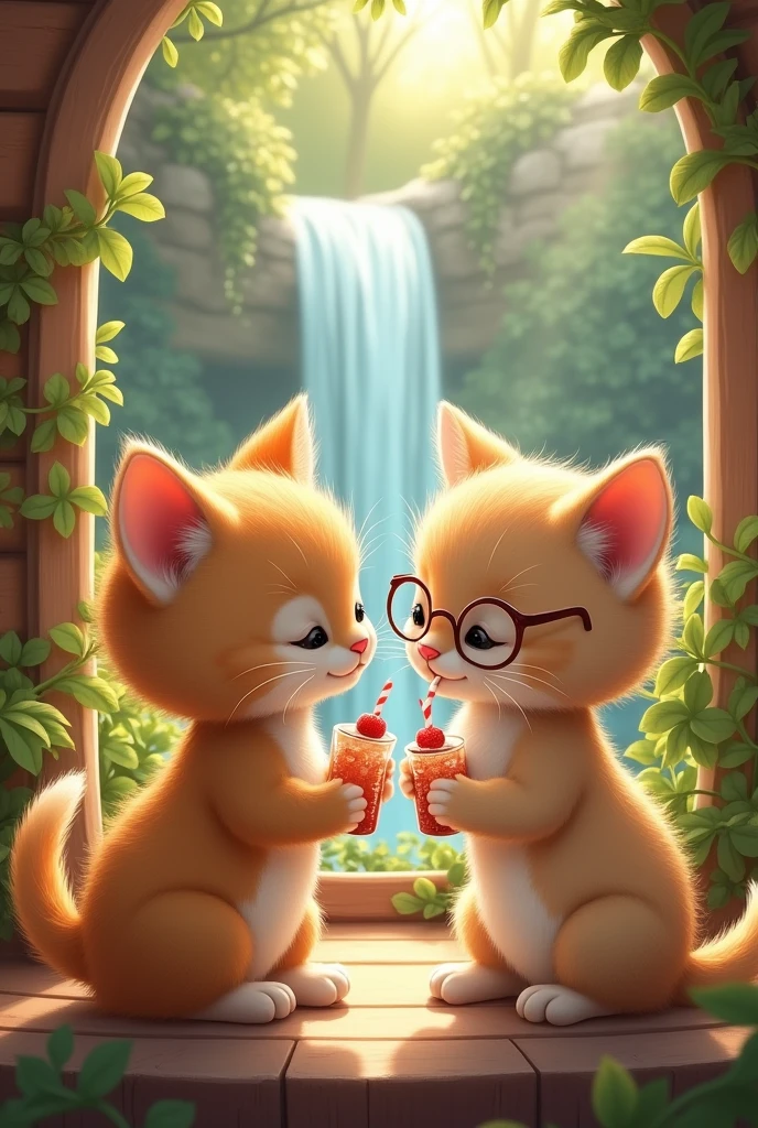 A couple of kittens ( a female and a male ). The female is drinking toddynho and the male is looking at her all in love and the male is wearing round glasses. The two are in a fairy house, with a beautiful backyard outside and a waterfall with crystal clear water on one side