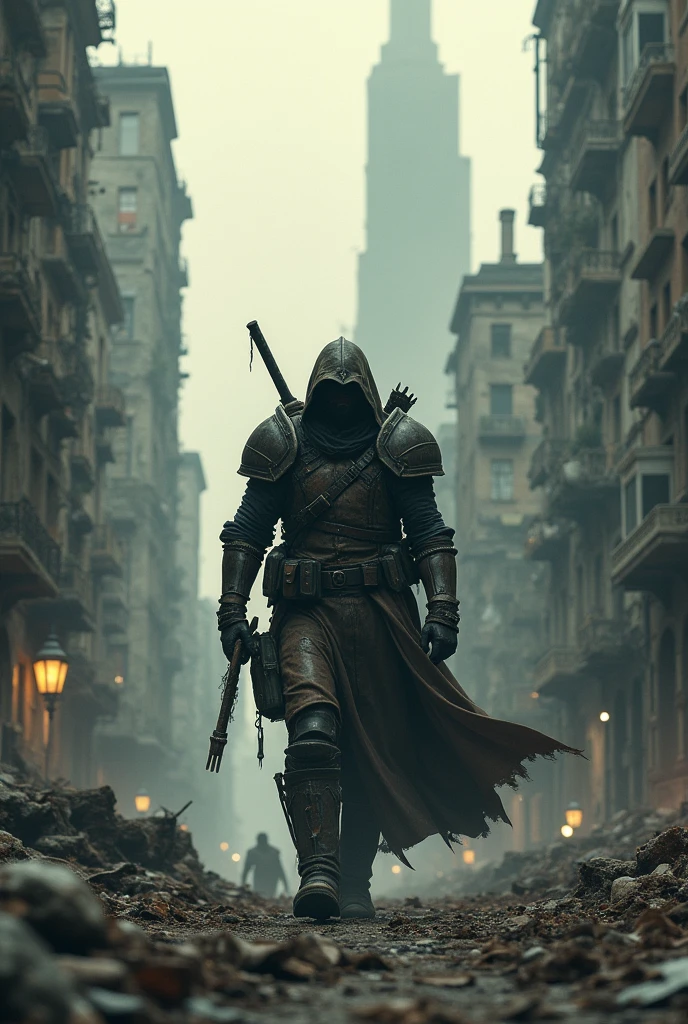 A warrior walking in a dystopian city