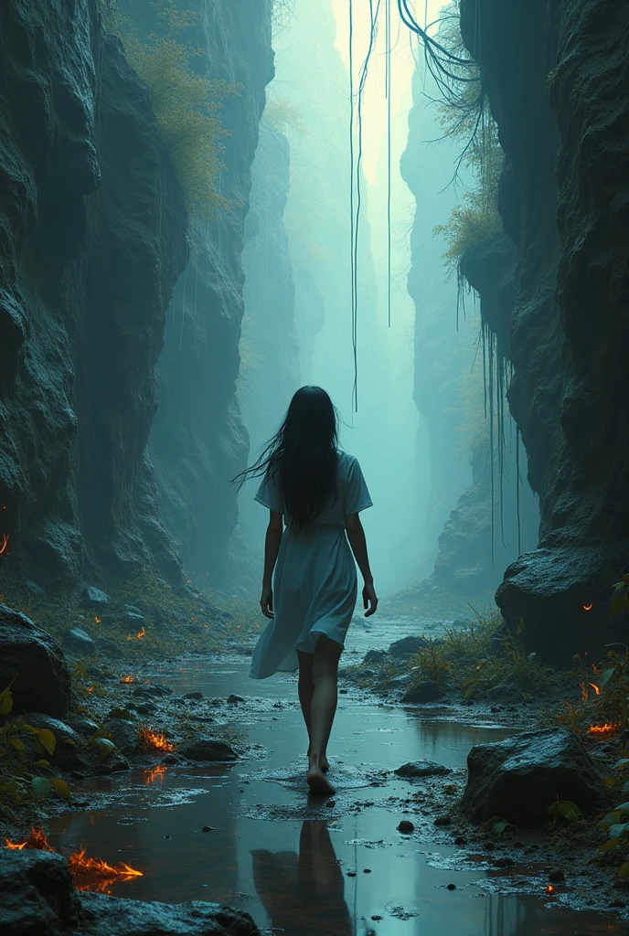 The world reflected in the mirror is a distorted and surreal version of the real world.. Reality folds and twists, creating an environment that seems to constantly change and adapt to Eva&#39;s fears and emotions. The colors are exaggerated and the shapes, distorted, generating a feeling of disorientation and terror.