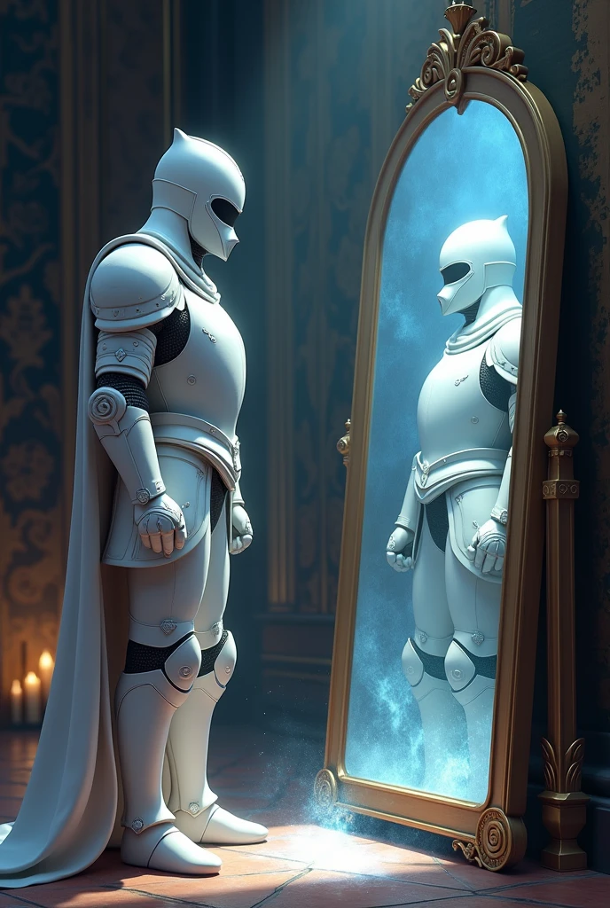 Animated white knight looking into the mirror