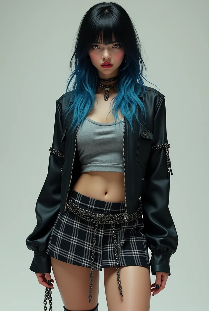 A ager with a woman's body, long straight wavy hair without bangs but with a cut called: butterfly cut and with black hair color in half and different shades of blue, guitar-shaped body and very sexy with hazel green eyes and red lompinte lips and a gray blouse, Black jacke, plaid skirt with black and red and chains around the skirt, men's black boots, fair skin and attractive rest and peach skin. And very desirable to other men. The teen will be more realistic.