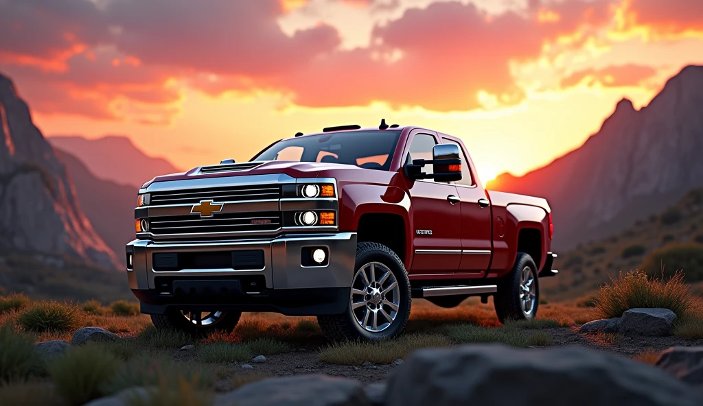 (photorealism:1.2) a beautiful chevrolet silverado with logo in the mountains at sunset