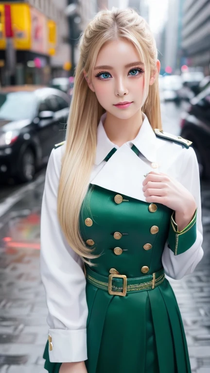 ((Highest quality)), ((masterpiece)), (detailed), high ponytail long hair, ((Blonde hair)), Beautiful girl, Very Cute Eyes, Green eyes, False eyelashes, (((Watery eye))), (Blushed:1.3), Glossy thick lips, piercings, shiny white skin, (military uniform), damaged clothes, ((bulge)), outside, raining, crowded city, fog, twilight, neon sign,