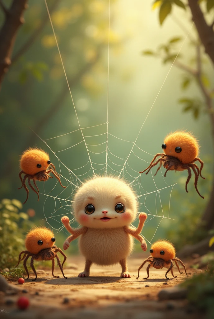 Create the image of the very cute spider that you just showed me, weaving but making mistakes and being scolded by her family.. Let it be noted that she is being scolded.