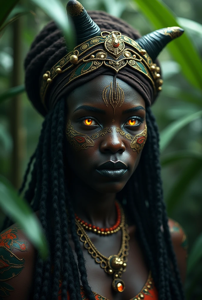 realistic voodoo witch in african jungle, dark and moody atmosphere, golden glowing eyes, intricate detailed face, elaborate tribal makeup and headdress, full body, lush jungle foliage backdrop, ominous lighting, dramatic shadows, photorealistic, cinematic, 8k, best quality, highly detailed