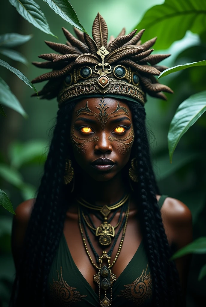 realistic voodoo witch in african jungle, dark and moody atmosphere, golden glowing eyes, intricate detailed face, elaborate tribal makeup and headdress, full body, lush jungle foliage backdrop, ominous lighting, dramatic shadows, photorealistic, cinematic, 8k, best quality, highly detailed