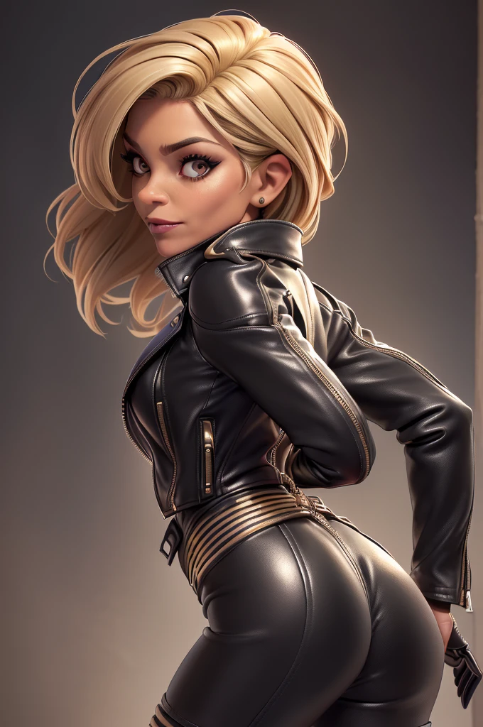 obra prima, melhor qualidade, ((only one woman,)) ((jillian michaels, 55 years, dark tan skin, blonde bob hair, heavy vamp makeup eye shadow,)) (((wearing thigh length black metallic leather jacket,))) (((jacket is zipped up, jacket covers waist and ass,))) ((jacket has stiff high collar,)) ((gold pvc gloves,)) body is very skinny, standing up, (((arched back, shoulders leaning way back, hips twisting, head tilted way back, chin up,))) ((camera side view, extreme closeup view of upper body,)) shallow depth of field, highres, HD, 8k, anatomically correct