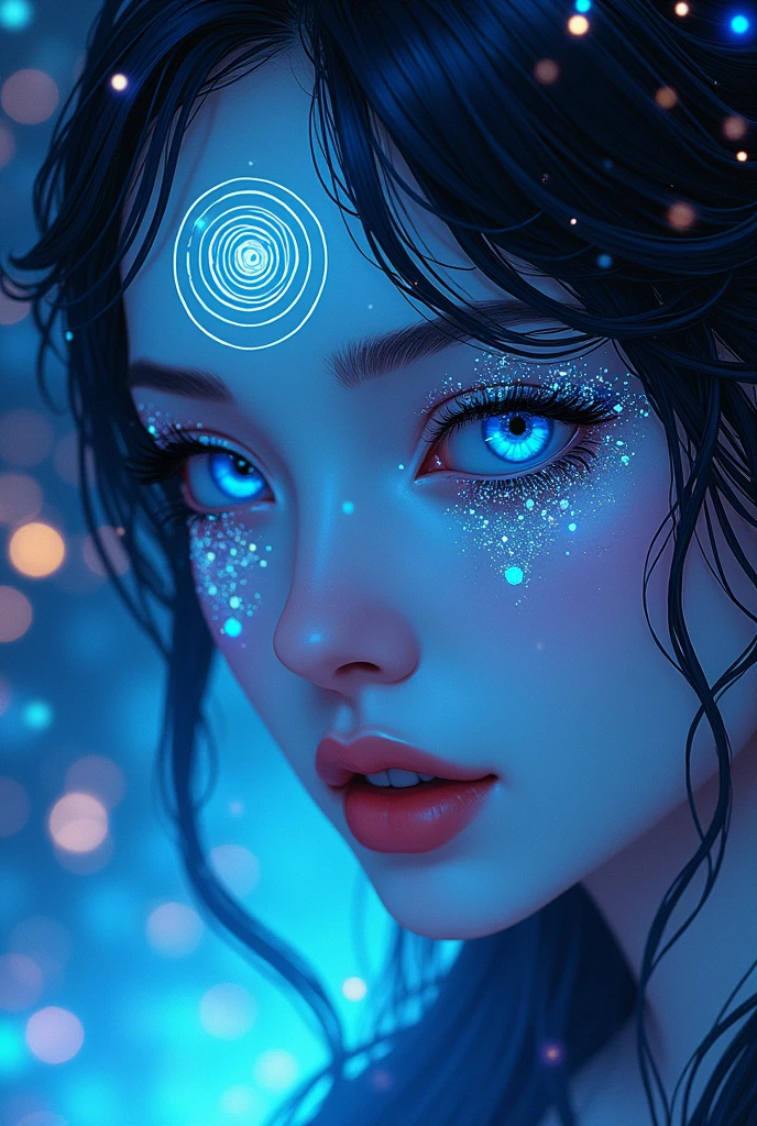 a close-up of a beautiful asian female comic being with spiral patterns on her blue face with a colorful nebula in the background