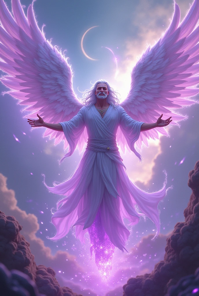 Male violet flame angel with open wings and long white hair