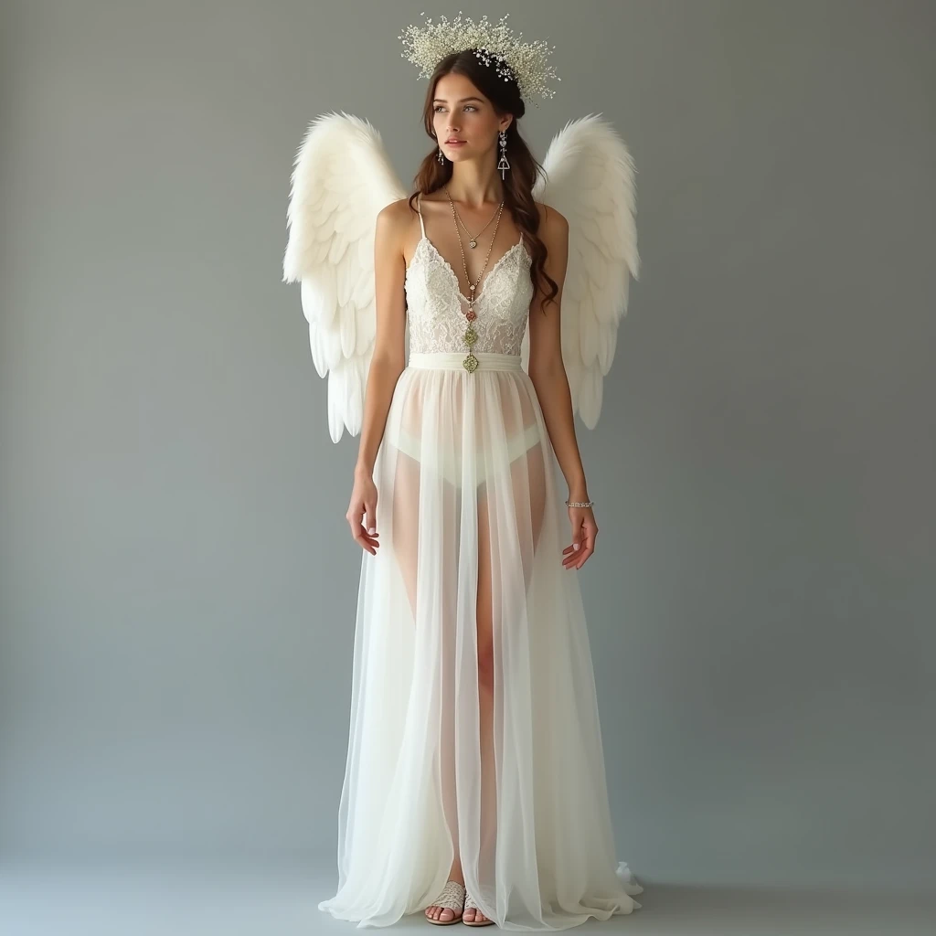 A full-body image of a European woman with an angelic essence, standing poised looking at the camera against a gray background. She wears an ivory organza gown with a soft, flowing skirt and delicate lace detailing on the bodice. The gown’s translucent fabric creates a sense of airiness and sophistication. Her hair is styled in a halo braid adorned with small white flowers, forming a crown-like effect that radiates divine majesty. She wears gossamer slippers with lace embellishments. Her jewelry includes ethereal symbol earrings and a gemstone necklace, adding a mystical and otherworldly allure to her angelic attire.