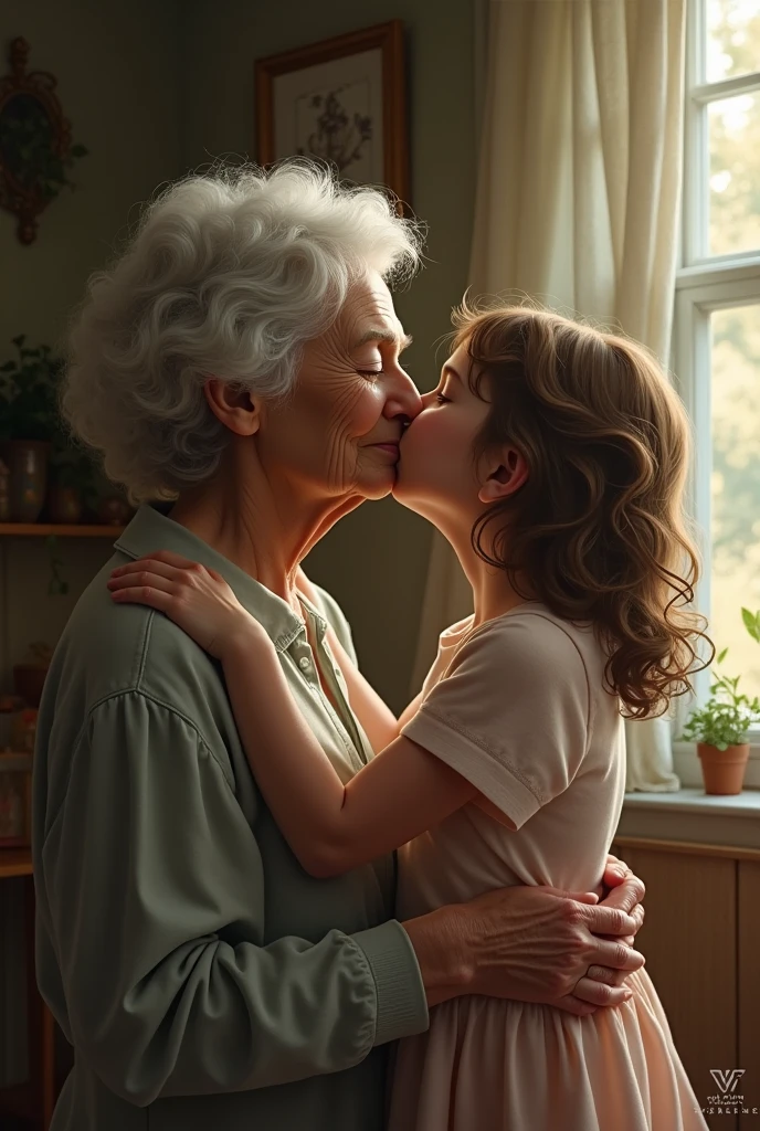 Lesbian kiss between grandmother and young girl