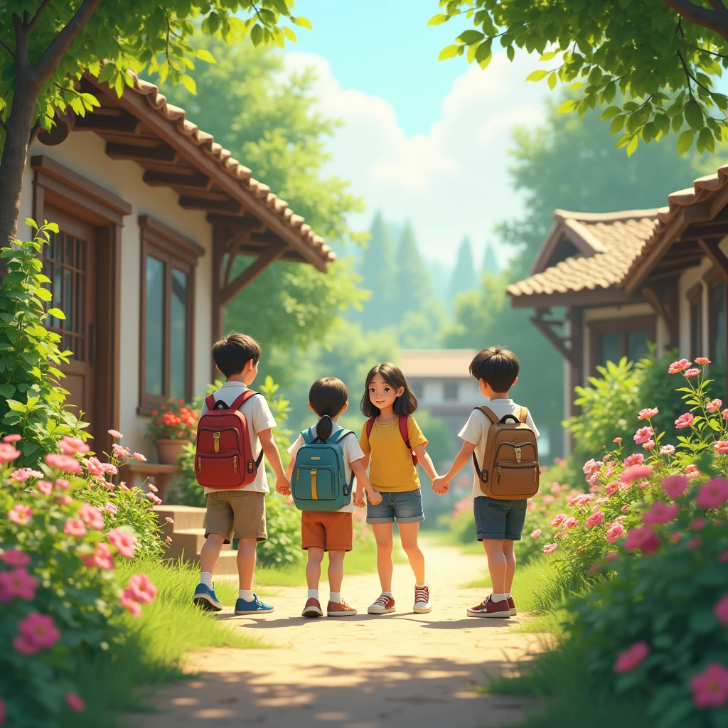 prompt: Young people, Small、Having fun playing in a beautiful village garden full of colorful flowers, wood, and green grass. The scene is calm and bright、The sunlight shines through the leaves.