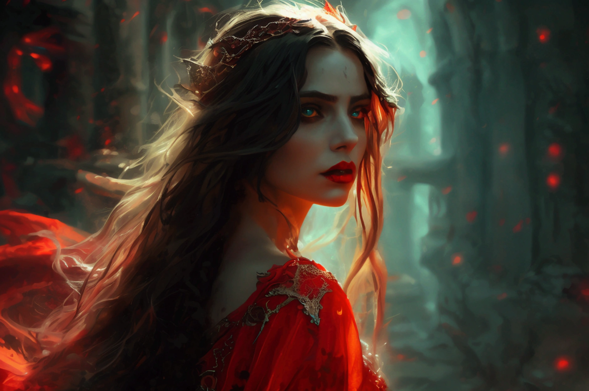 a beautiful female sorceress, long flowing hair, penetrating eyes, painted red lips, intricate detailed dress, dramatic pose, dark fantasy, dramatic lighting, cinematic, fantasy art style, dark moody colors, chiaroscuro lighting, ethereal, magical, powerful, longingly looking at the viewer 