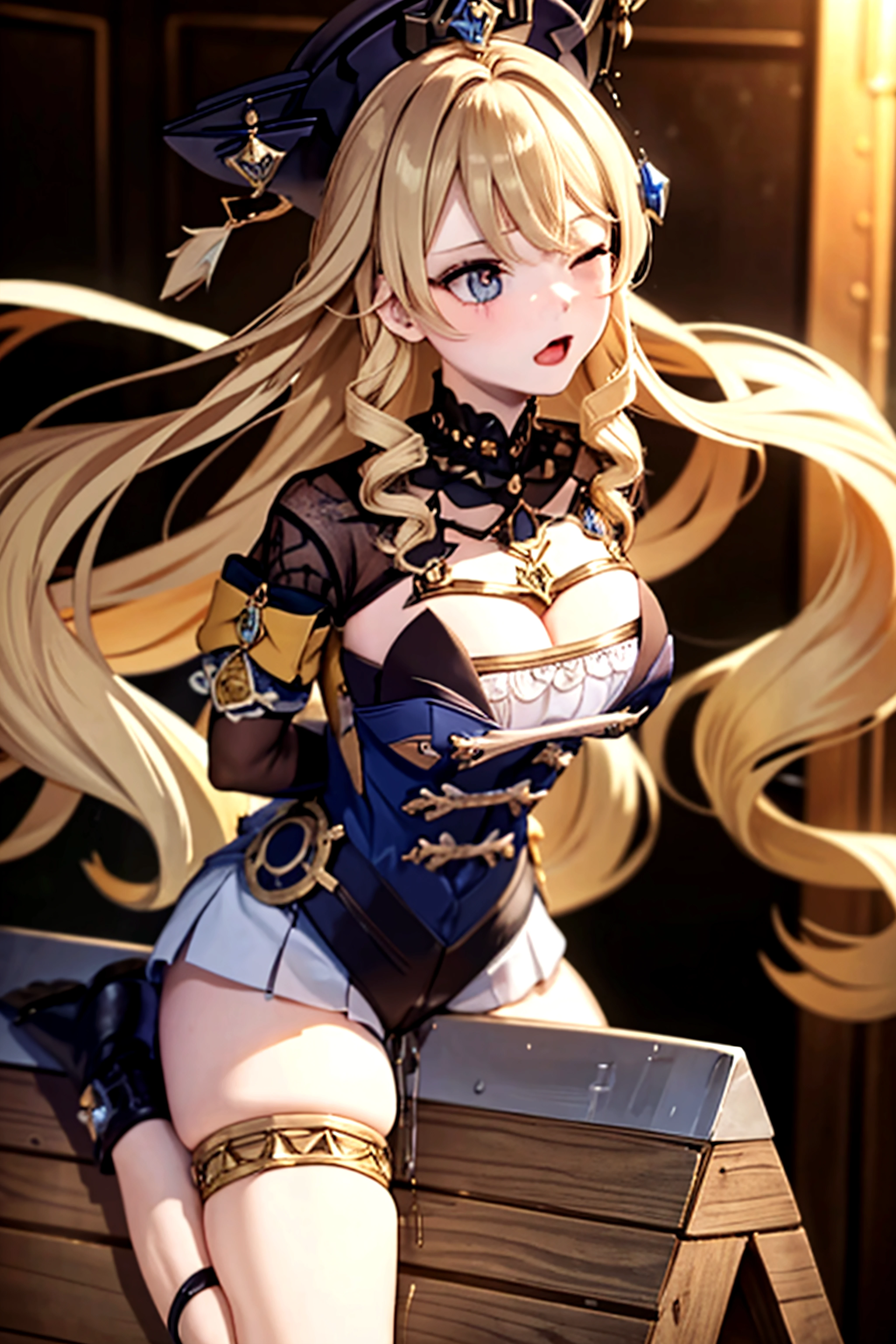 1girll, Breasts, spread , Solo, , Blonde hair, upper legs, Blue eyes, , nipple piercing, Spread legs, jane (Genshin Impact), white thighhighs, view the viewer, Piercing, Blush, bangs, pony tails, tattoo, Sitting, navel, moles on breast, bridalgauntlets, Long hair, choker necklace, , hair between eye, viewfinder, Smile, Recording, Large breasts, pillow head, side locks, , Huge breasts, Arms hold up the breasts，Closed mouth, dark mole, Thighs, , Piercing, Hair Bow, cleavage, Uncensored