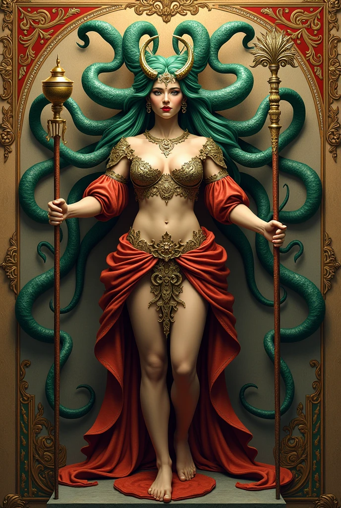 medusa with he r fiery red blue snake, medusa has beautiful long golden green hair, medusa is holding a glowing staff, medusa is dark skinned and elegant --auto --s2