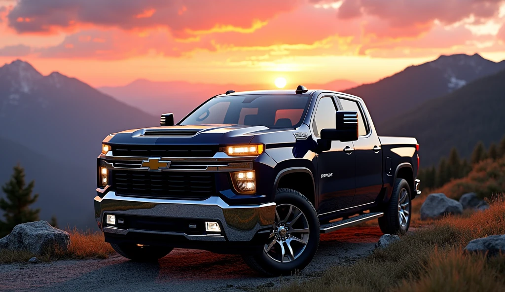 (photorealism:1.2) a beautiful chevrolet silverado with logo in the mountains at sunset