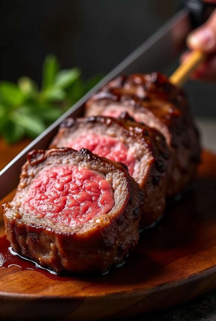 A photo of a piece of medium-rare picanha on a skewer being cut, very fatty and juicy.