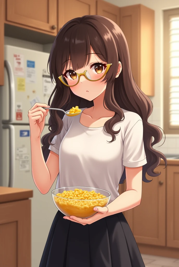 A brown-eyed girl, with dark brown hair, very long and curly, with gold-colored lenses and a slightly square shape, wearing a white short sleeve top and a black skirt that is a little below the knees while standing in the kitchen and eating macaroni and cheese from a clear bowl 