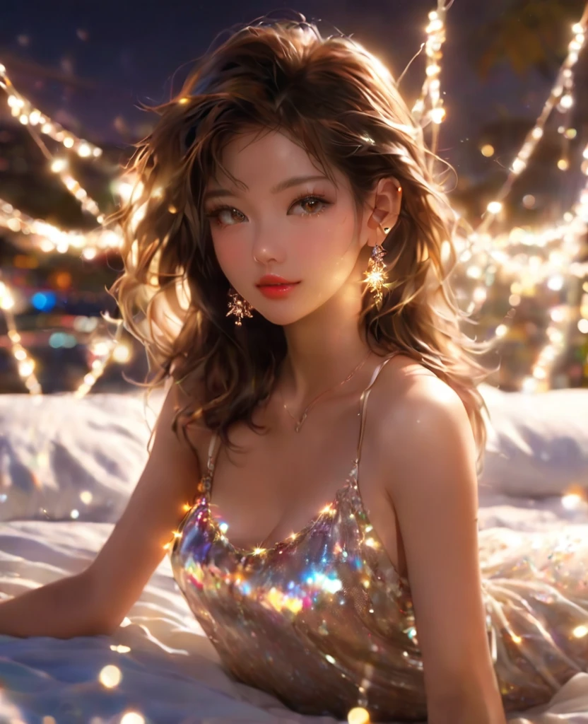 Beautiful woman,Have a perfect body:1.4,Layered Hairstyle,Prominent cleavage:1.5,Gold miniskirt,Highly detailed face and skin texture,Double eyelids,Skin Whitening,Long hair,Whitening long legs