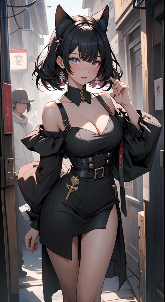 rin tohsaka, masterpiece, 8k, high quality, full body, small medium thighs, slim waist, sexy well-defined body, rin, blue eyes, brown hair, long hair, two sides up, parted bangs, hair ribbon black, red sweater, turtleneck, long sleeves, cross pattern, black skirt, pleated skirt, miniskirt, black tights, full body