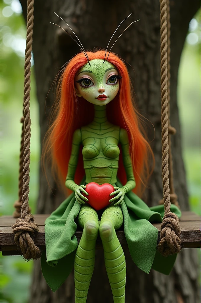 ((best quality)), ((masterpiece)), (detailed), cos: Human shape with the texture and appearance of a cricket, including a slightly rough and segmented surface.
muka: Clearly cricket, with thin antennae and a serene expression.
wig: big fit ass, lisa, super giant red one bigger than her body and that moves with the wind.
ful dressed: Green with different shades, fluid and elegant, standing out against the environment.
enviroment: Sitting on a wooden swing supported by a sturdy tree, that rocks gently. The swing is made of strong ropes and the tree is imposing and protective..
Additional detail: She holds a bright red heart in her lap, which contrasts with the green dress and the textured body.