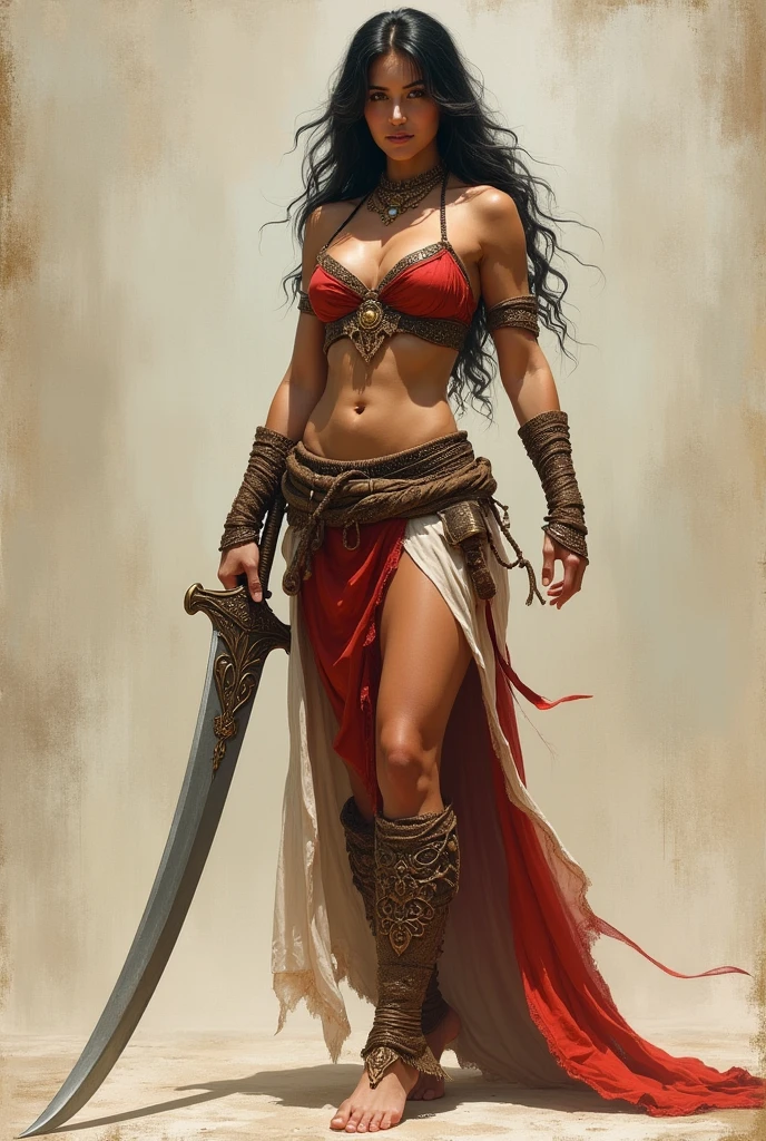a beautiful barefoot Persian Amazon warrior wielding a huge scimitar, full body, body in canvas
a beautiful barefoot Persian Amazon warrior wielding a huge scimitar, full body, body in canvas