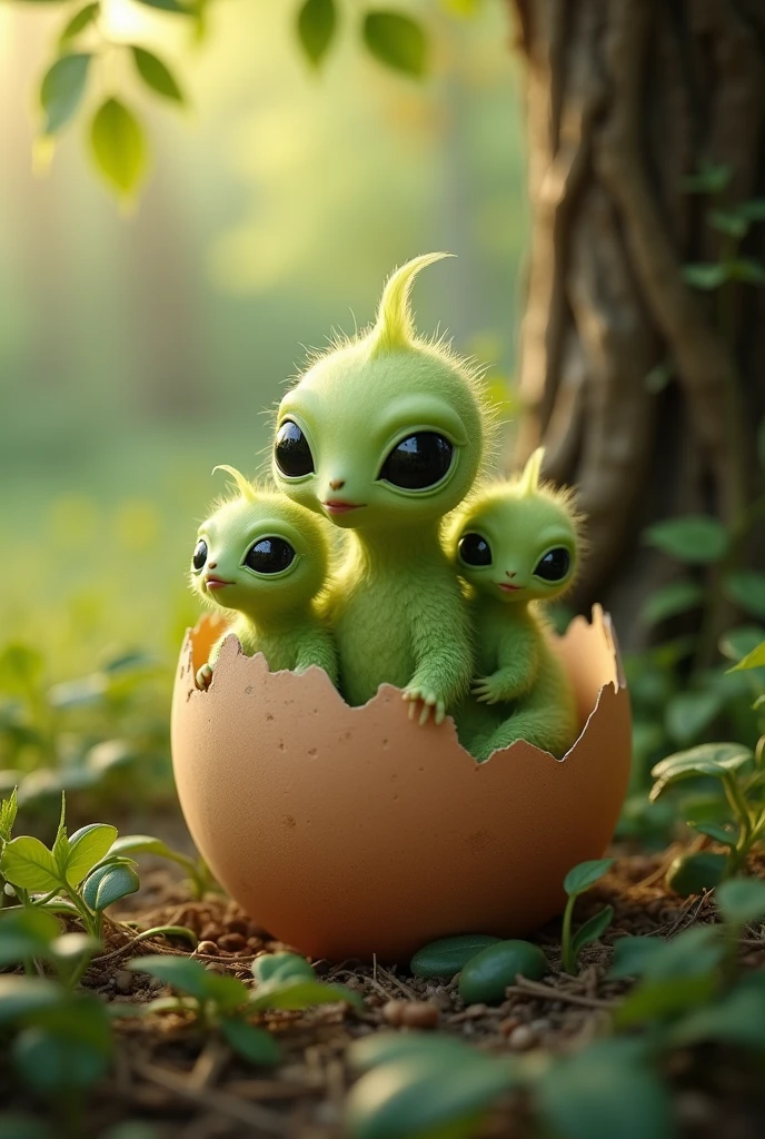 Green extraterrestrial alien babies coming out of the chicken egg with the mother hen