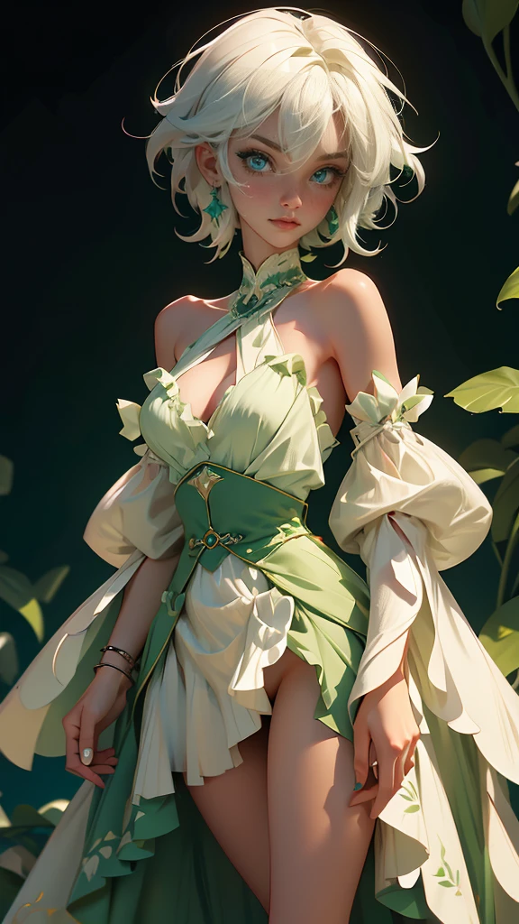 envision a 8k, highres, cinematic, beautiful full body design sheet of a short girl named Cecilia Immergreen with multicolored hair, green eyes, doll joints, joints, bare shoulders, detached sleeves, hair between eyes, white hair, dress against a dark background