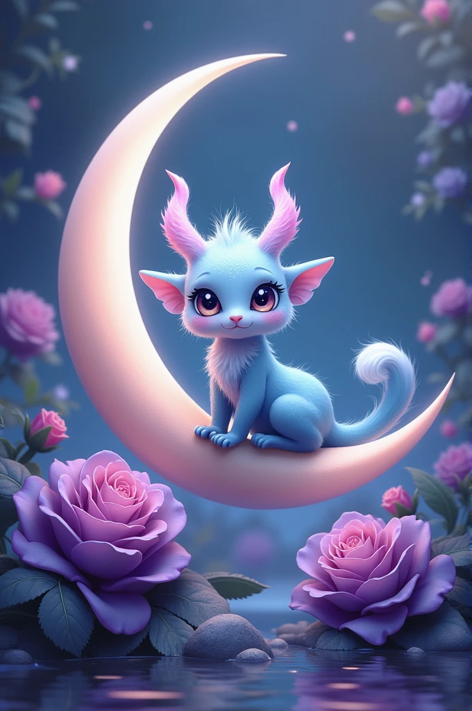 A  sitting on a moon next to a purple rose glibi style