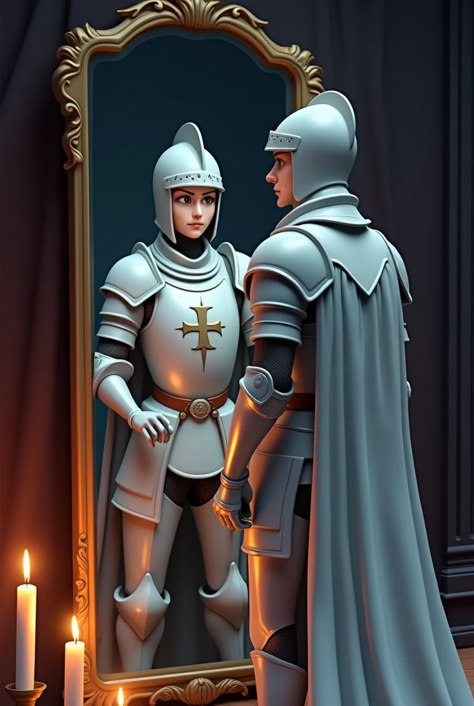 Animated white knight looking into the mirror with his helmet upon