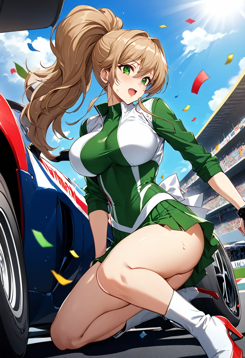 ((Perverted scenes of men and women having sex)),Highest quality, Great quality, 16K, Unbelievably absurd, Very detailed, 2.5D, delicate and dynamic, (Makoto Kino),blue sky, Confetti, Racing Car, flag, Small face, Very delicate facial expressions, Delicate eye depiction, Very fine hair, (Female 1 Male 1), erotic, Sexy Woman, Muscular, Race Queen, Height: 175cm, Big companies go bankrupt, Light brown long hair,ponytail、 Sexy long legs, Glowing Skin, , 派手なRace Queenのコスチューム,Green tops, Green tight skirt, White Leather Long Boots, Auto Racing Track,1990s \(style\),、(Big Breasts)、tall、Sweating all over the body、vapor、(Cowgirl)、綺麗なBig Breasts、A face writhing in pleasure、Sweaty,((Perverted scenes of men and women having sex)),Cinema Lighting, (完璧なGlowing Skin:0.6),Always high quality CG Unity 8K wallpaper