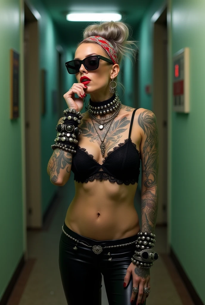 russian milf woman, grey hair (bouffant, top bun) and oversized square sunglasses and wide colourful bandana as headband, with very light green eyes, extremely pale. Big lips. Black lace push up bra, silicone breast,, skintight shiny black leggings. Flip flops. Lots of thick wide studded bracelets, chain collars and big rings,. Two loose studded belts,. Long earrings with chains and feathers. Standing with legs apart, one hand hands on her hip, the other, sucking her thumb, stretching her neck and looking up in surprise, craving., Neck, chest, stomach and wrists heavily tattoed. Toned abdominals, thin neck, slim legs and thin arms. Narrow hips. At a long narrow corridor at night.